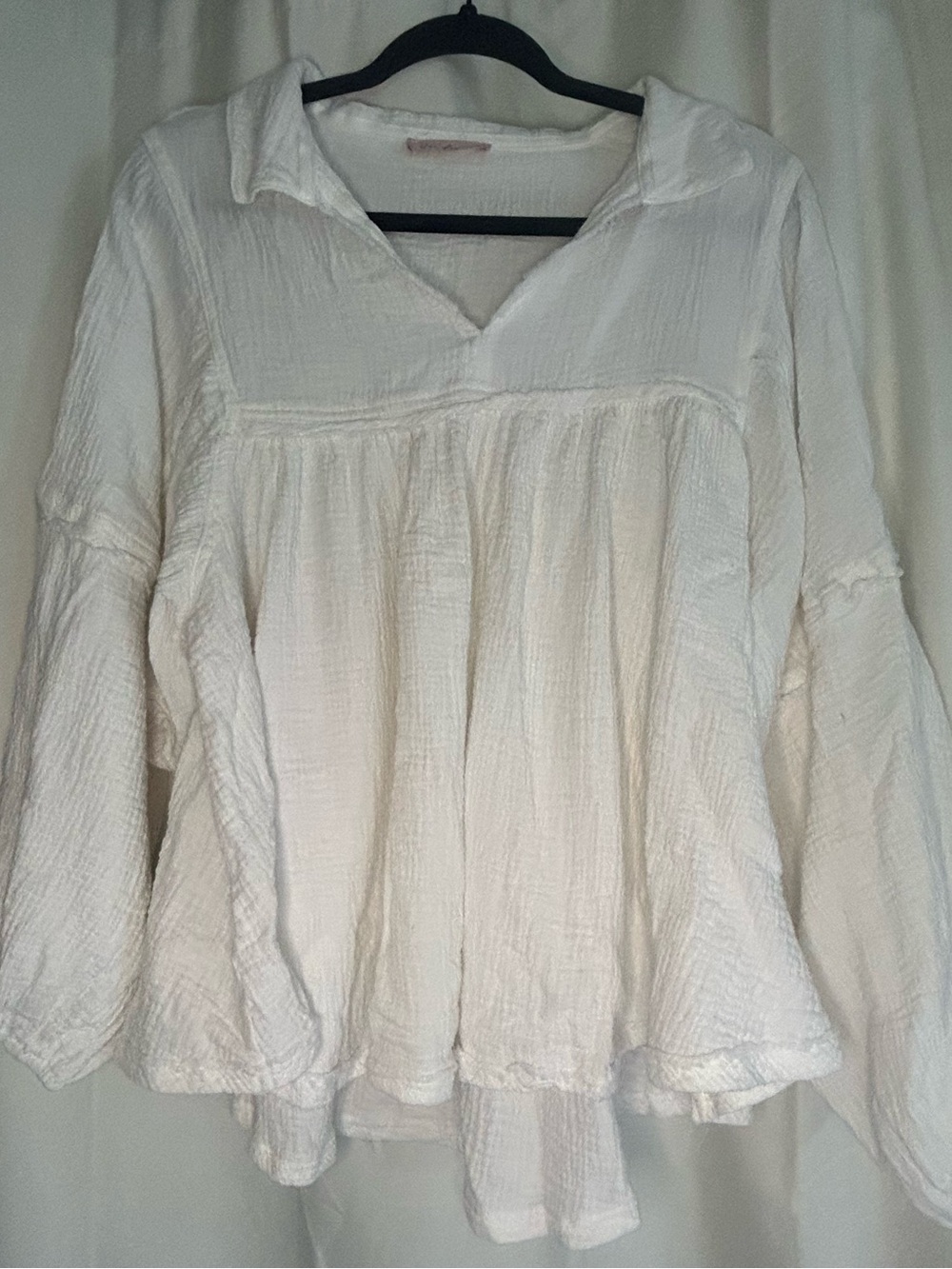 Cream Gauze Peasant Blouse Lightweight Oversized Long Sleeve Top Beachy Coastal